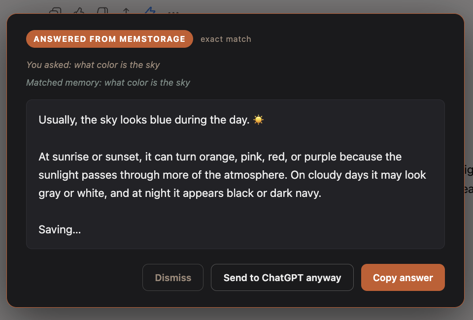 MEMStorage answering 'what color is the sky' from memory with an exact match