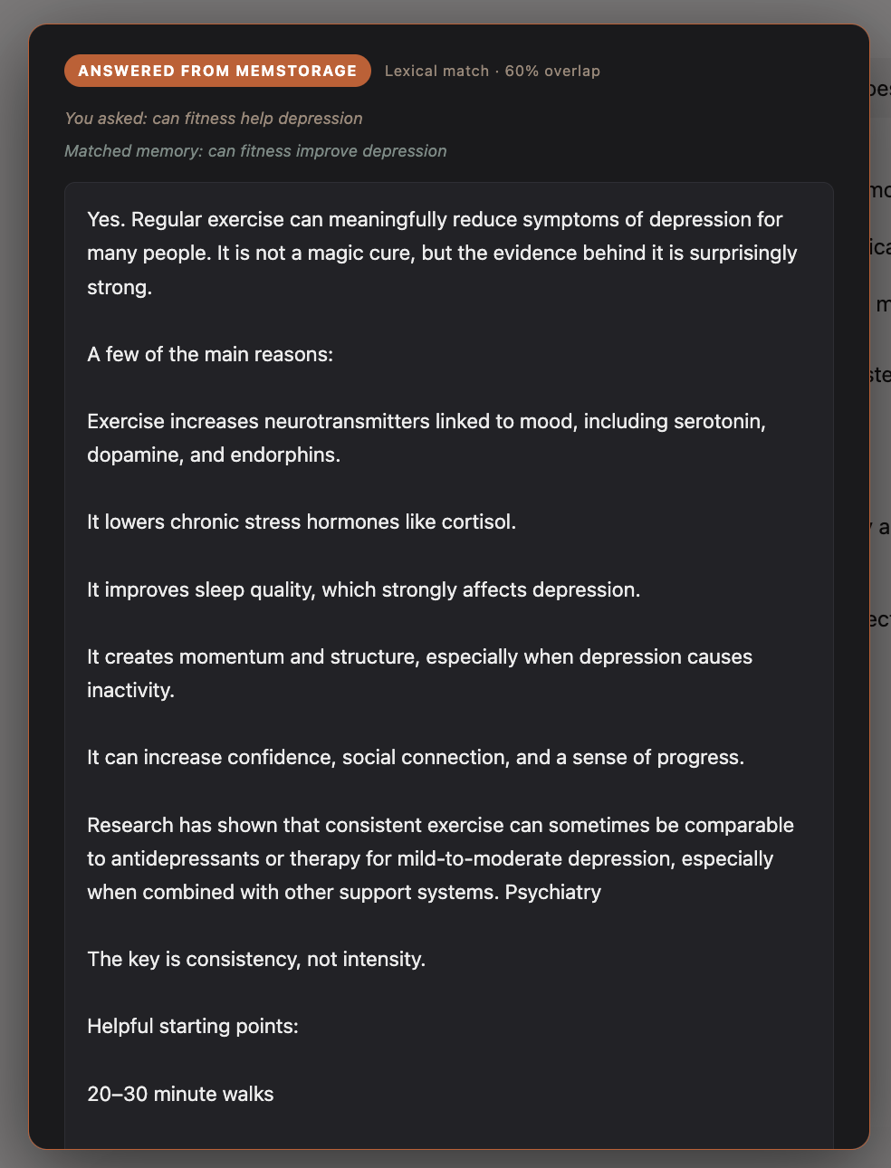 MEMStorage answering 'can fitness help depression' by matching 'can fitness improve depression' from memory